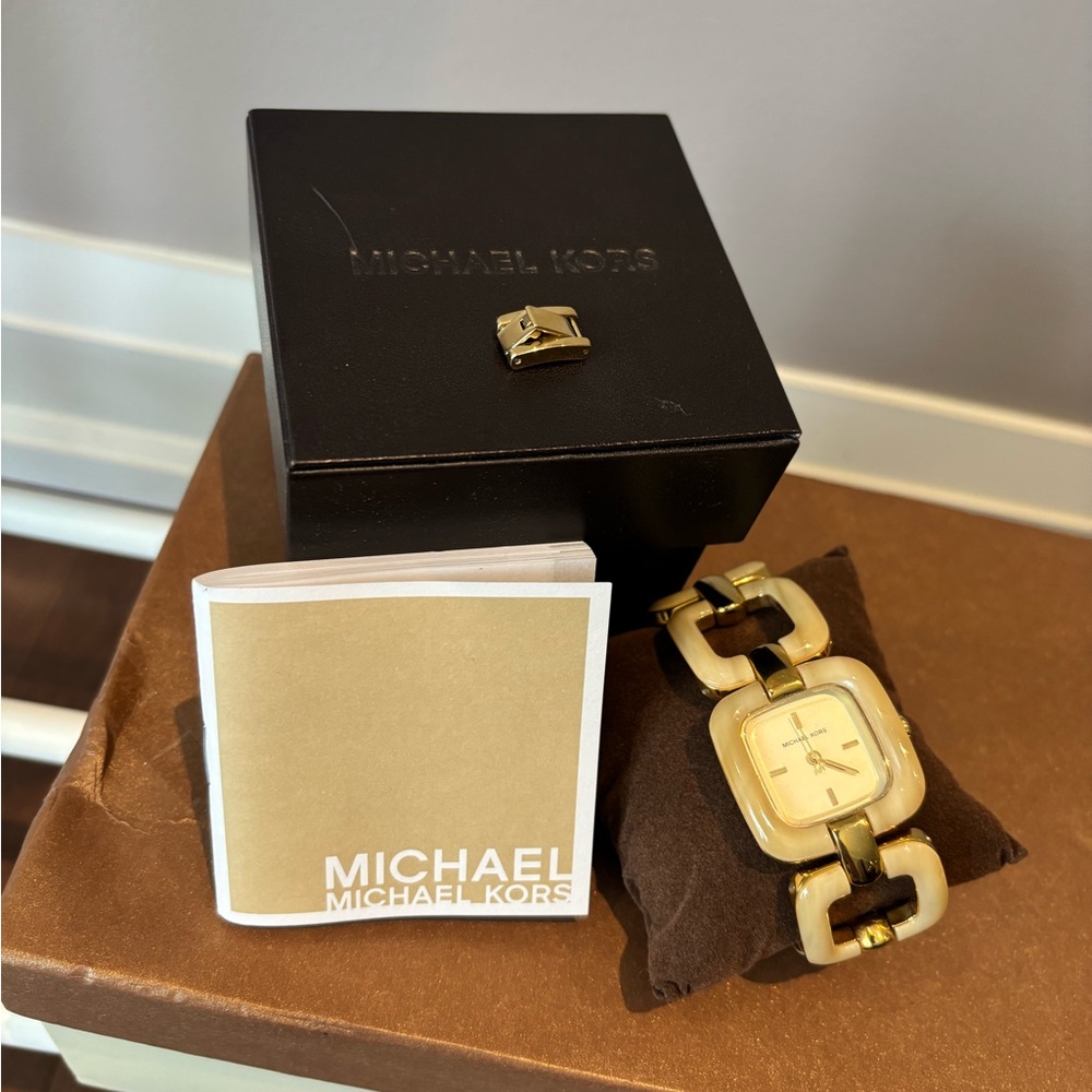 Michael Kors Gold and Tan Square Watch